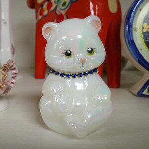 FENTON Art Glass Hand-Painted Iridescent Bear or Cat Figurine Signed T. Haskins